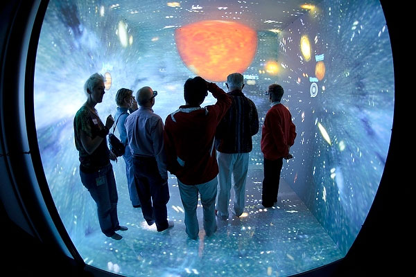 people standing in virtual reality environment
