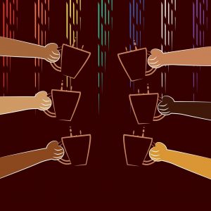 Hands from different races holding coffee mugs