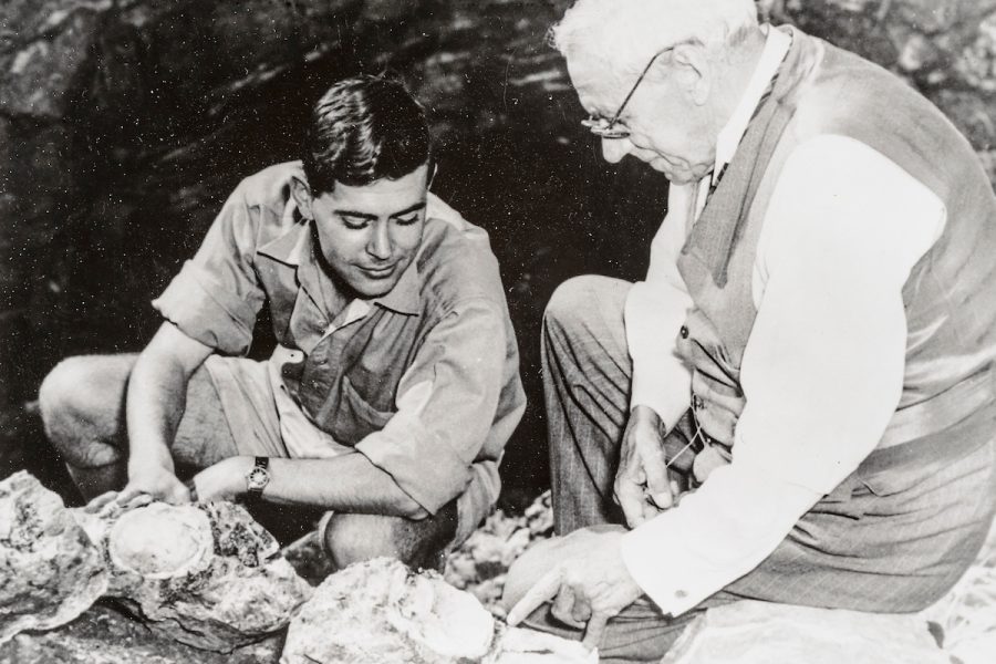 A copy image of a historical photo of a young John Robinson, left, and paleontologist Robert Broom, circa 1948, is pictured at the UW-Madison Zoological Museum on Jan. 31, 2018. In the 1940s in South Africa, Robinson and Broom discovered the nearly complete skull of the hominid fossil now known as Mrs. Ples. Robinson later became an anthropologist at the University of Wisconsin-Madison. (Photo by Jeff Miller / UW-Madison)