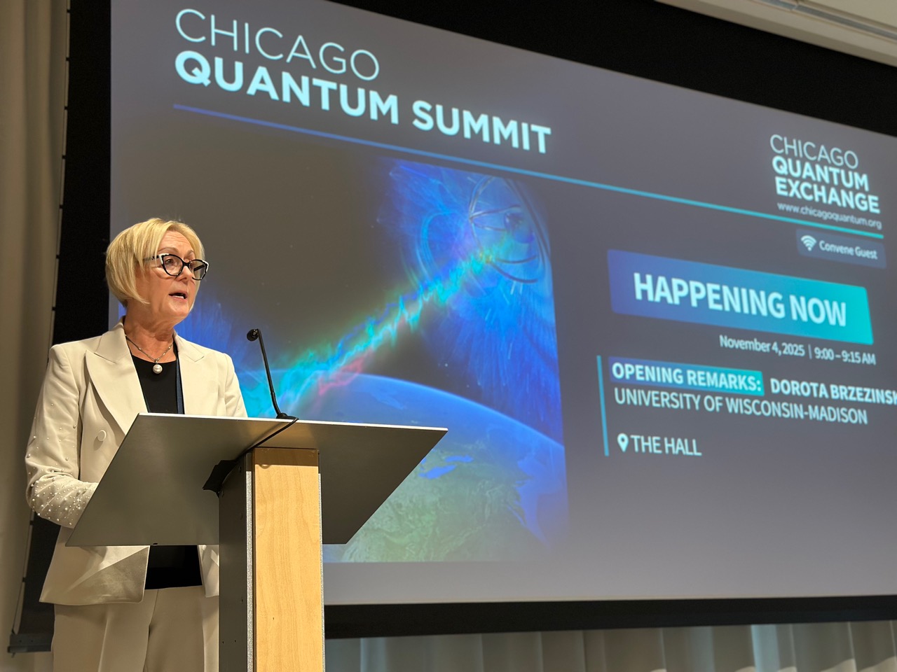 UW–Madison Vice Chancellor for Research Dorota Brzezińska provides opening remarks on November 4, 2025, during the 2025 Chicago Quantum Summit. Brzezińska discussed the importance of securing U.S. leadership in quantum, UW–Madison capabilities in quantum, quantum implications for national security, and collaboration on quantum science and engineering in the Wisconsin–Illinois–Indiana Quantum Corridor.