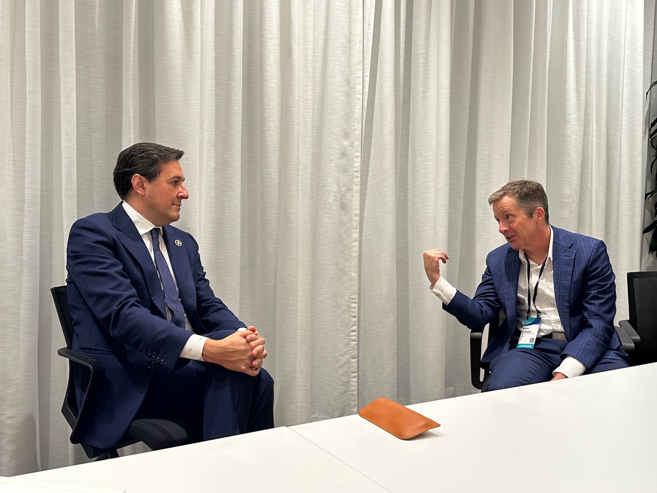 Mark Eriksson (right), John Bardeen Professor and Steenbock Professor of Physics, discusses quantum priorities with U.S. Department of Energy Under Secretary for Science Darío Gil on November 4, 2025, during the 2025 Chicago Quantum Summit. Gil explained the importance of academic and industry collaboration with the $625 million renewal of the National Quantum Information Science Research Centers and the next phases of U.S. quantum advancement. UW–Madison is a part of Q-NEXT, led by Argonne National Laboratory.