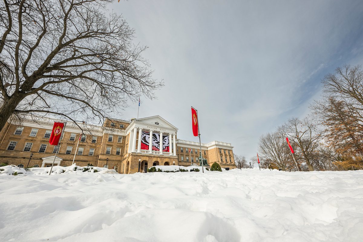Bascom Hall rises above the snow on a winter day at the University of Wisconsin–Madison on Dec. 11, 2025. (Photo by Taylor Wolfram / UW–Madison)